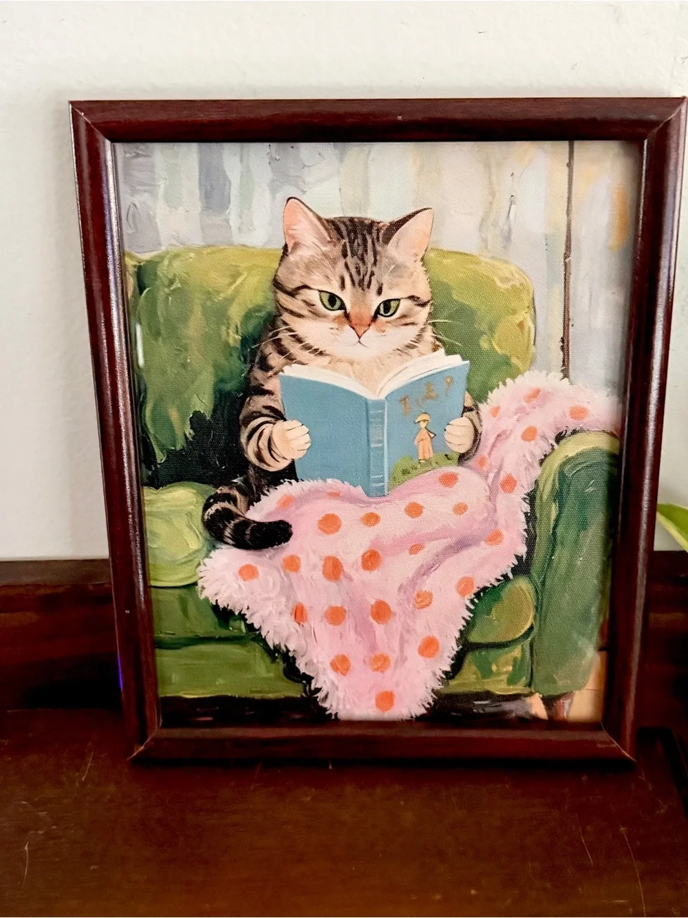 Cozy Cat Reading a Book on Green Couch Canvas Art Print Vintage Style Framed